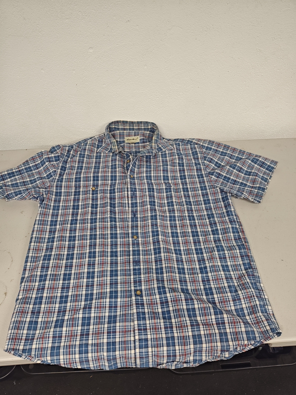 Eddie Bauer Blue and White Plaid Short-Sleeve Button-Down Shirt